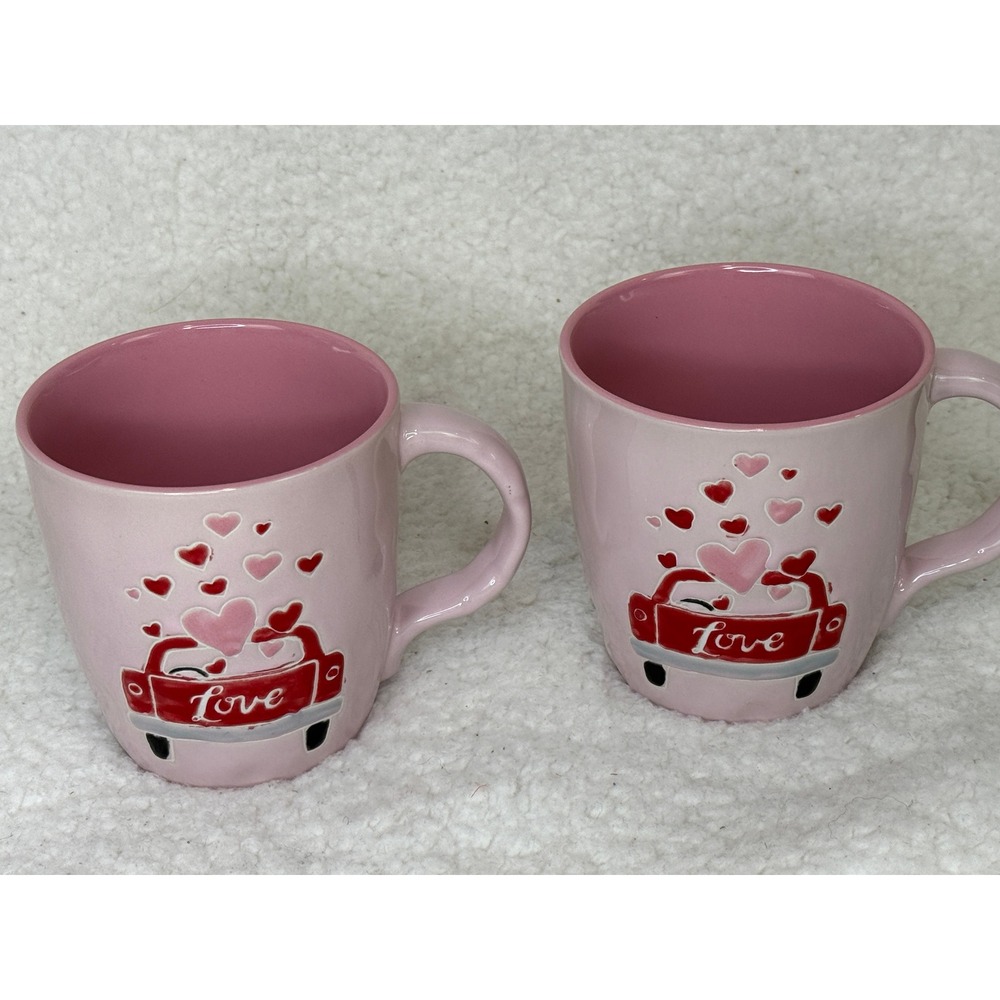 Primo Design Valentines Day Pink Love Truck Heart Ceramic Coffee Mugs Set of 2